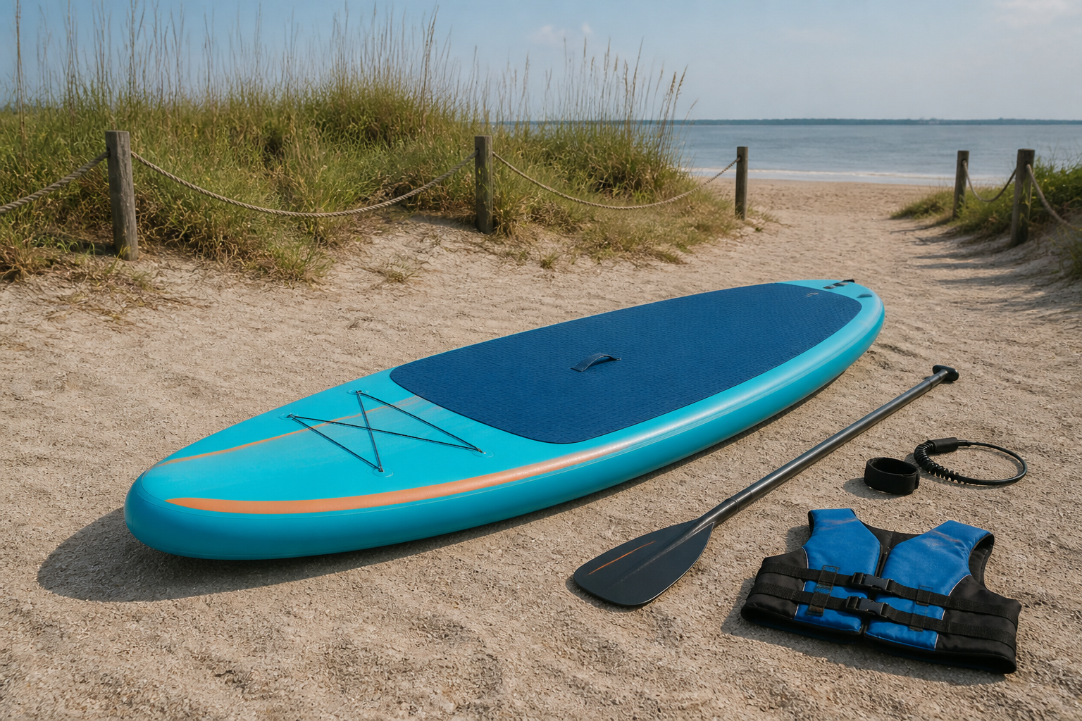 10-foot stand-up paddleboard package with paddle and life jacket available for delivery on St. Simons Island