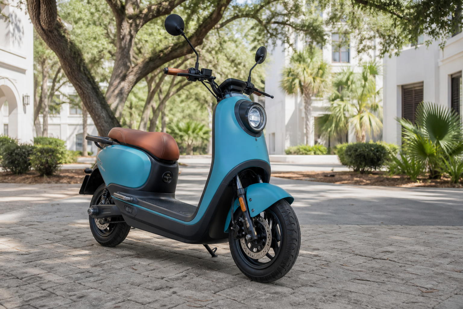 Representative turquoise e-moped for planned Wavy Rentals service on St. Simons Island