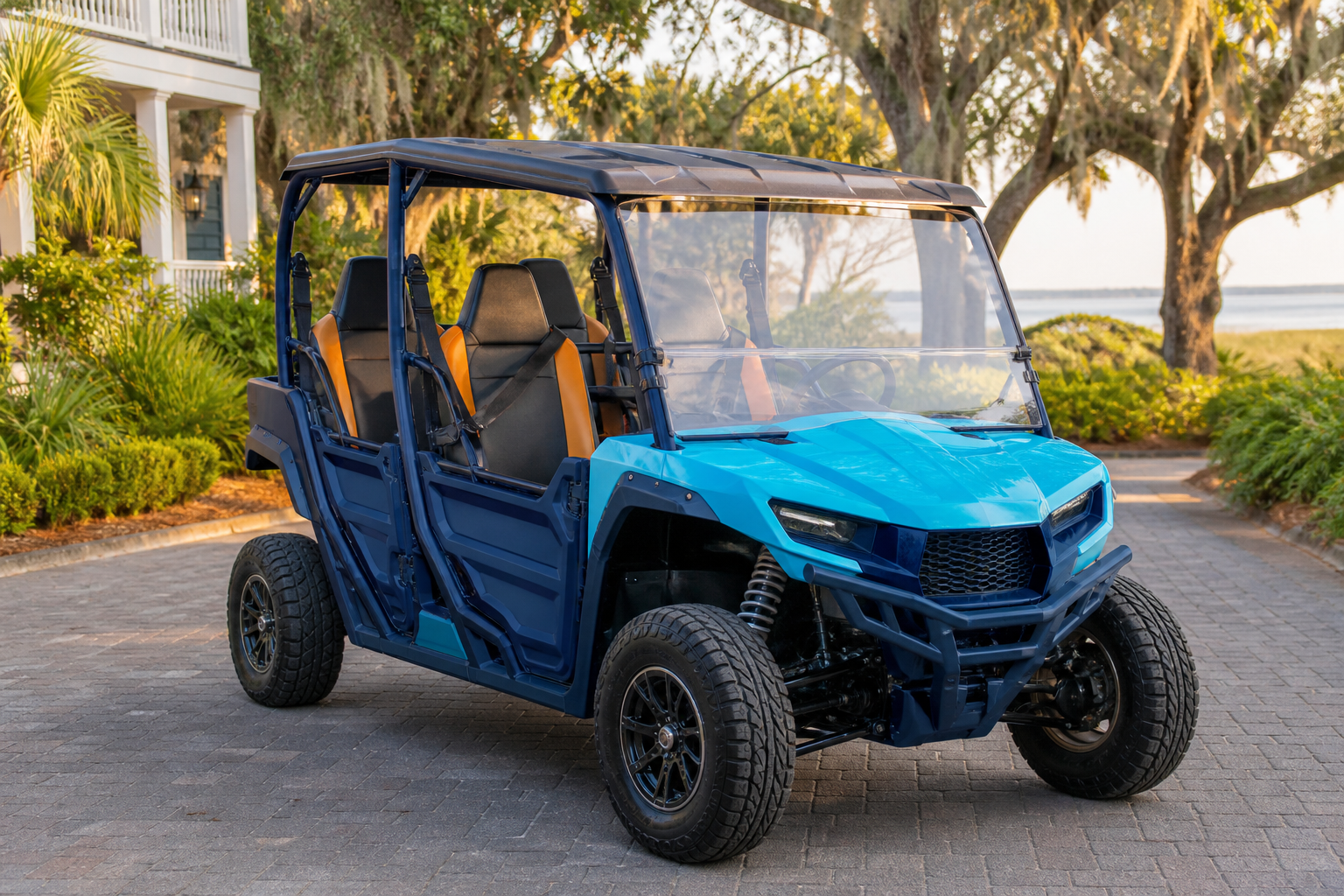 Representative turquoise four-seat side-by-side planned for future Wavy Rentals service
